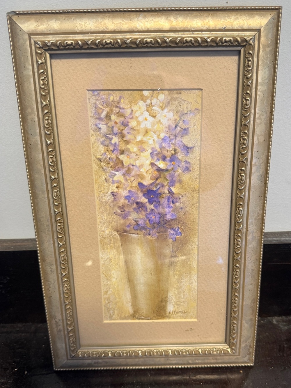Vintage Framed Floral Watercolor Print with Purple and Cream Blooms 11”x7”